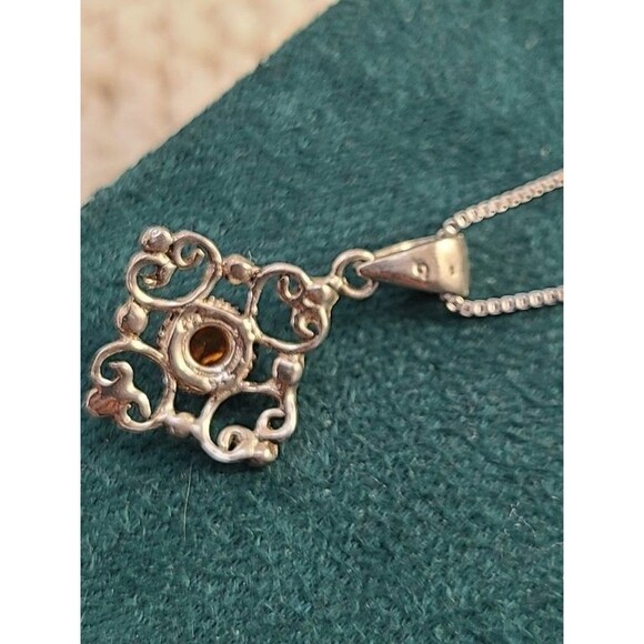 Sterling Silver Amber Pendant Necklace 18" Ornate Scrollwork 925 Vintage Artisan - Picture 5 of 8